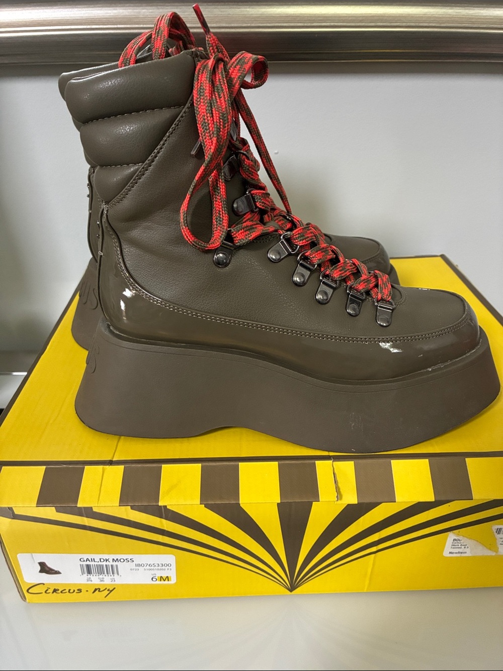 Circus by Sam Edelman Dark Moss Platform Hiker Boots with Red Accent Laces